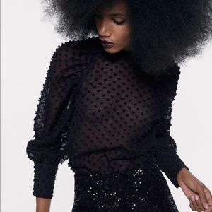 Zara Polka Swiss Dot Textured Weave Top Mesh Black